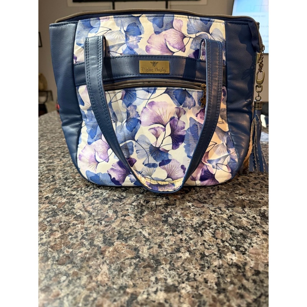 Melba Beisley Floral Canvas Tote Bag Navy Blue Faux Leather Trim Polka Dot